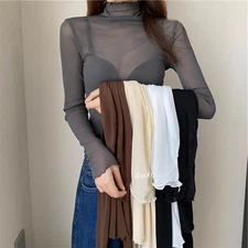 Ladies Sheer Mesh Shirt Top Tee Shirt Turtle Neck Slim Sexy Clubwear Bar Fashion
