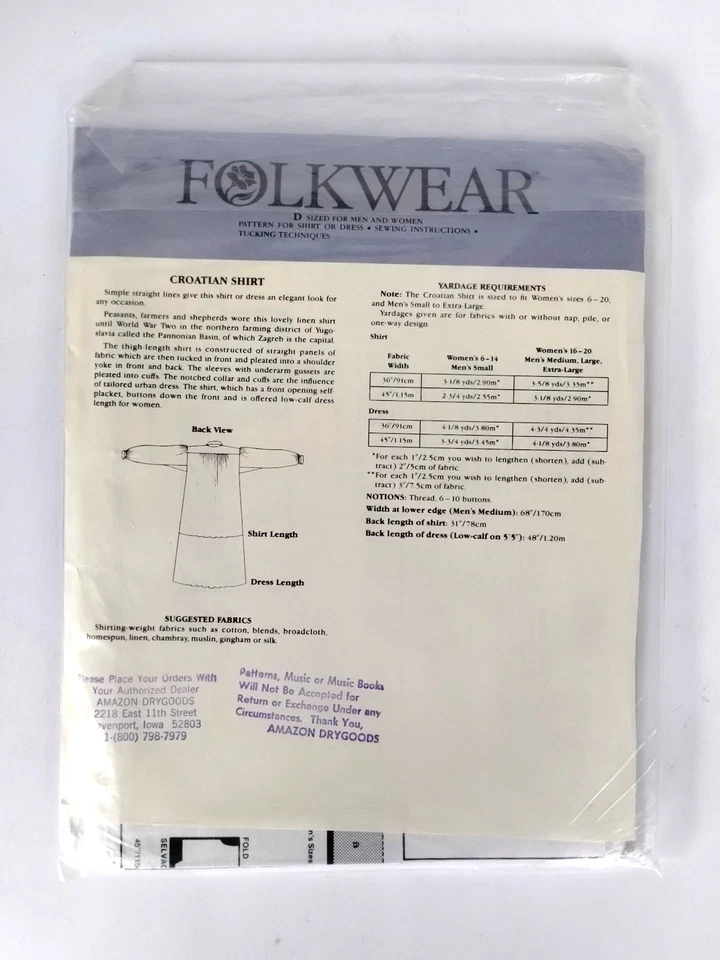 Folkwear #117, "Croatian Shirt, Ethnic Pattern for Shirt or Dress, Sewing & Tuck - Image 2 of 4