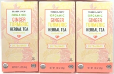 3 x Trader Joe's Organic Ginger Turmeric Herbal Tea 20 Tea Bags Each, Total 60ct