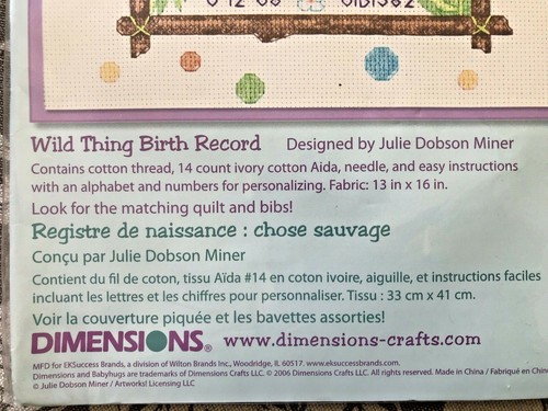 2 NEW Dimensions Counted Cross Stitch Kit Baby Hugs Wild Thing Birth Record 2006 - Picture 4 of 5