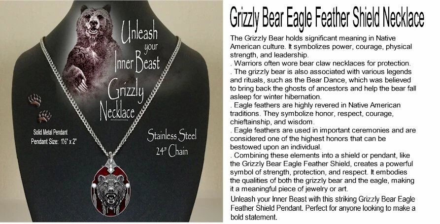COLLAR ESCUDO PLUMA ÁGUILA PARDA GRANDE OSO GRIZZLY CADENA ACERO INOXIDABLE Foto 3 de 4