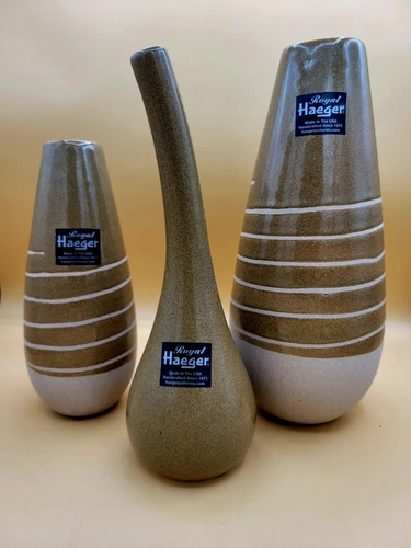 Vintage Royal Haeger Tan Speckled Glaze Ceramic Vase 3 PC Set