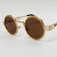 Round Sunglasses Steampunk Style Gold Rhinestone Accent Men Diamond Brown Lens