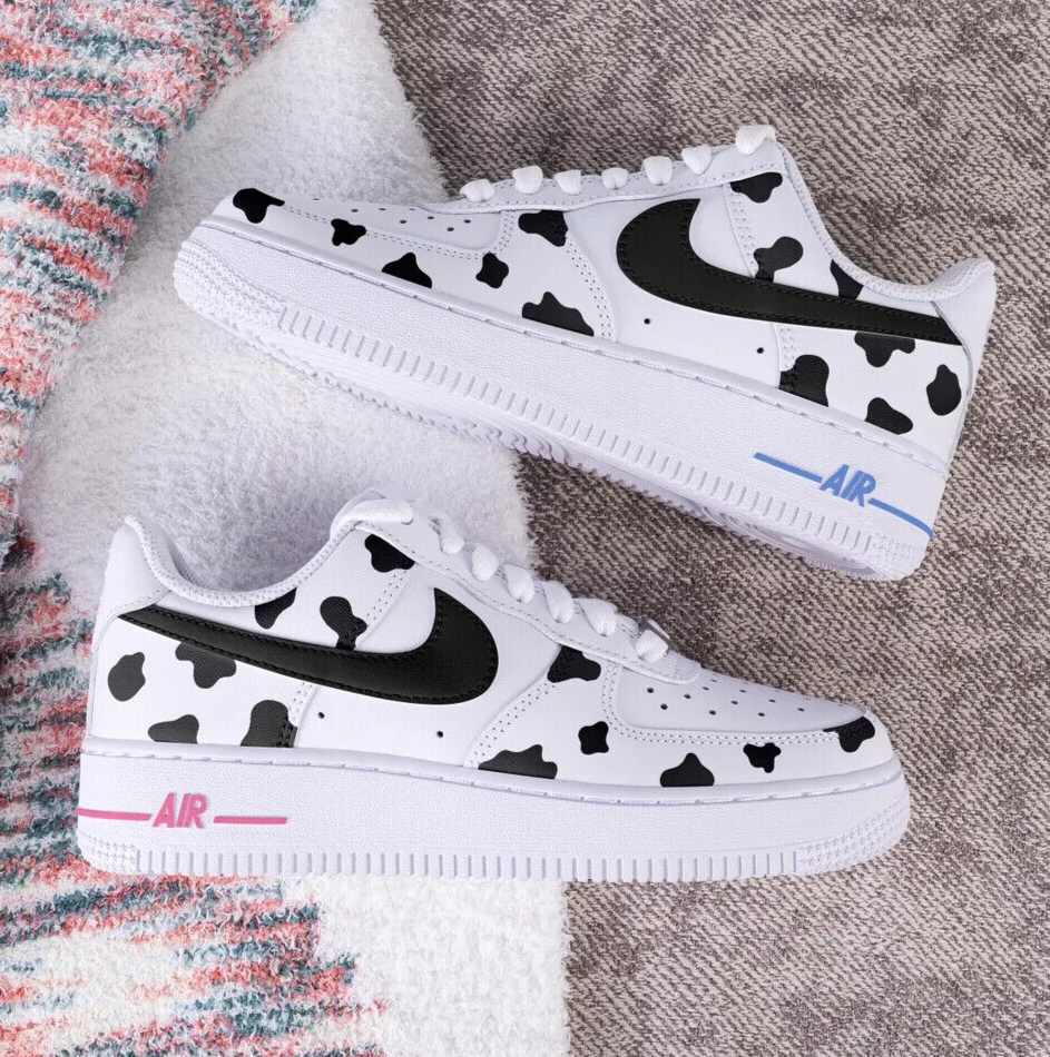Air Force Custom Shoes, Black Animal Cow Print Baby Blue Pink Mens  Womens