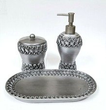 NEW 3 PC SET SILVER GRAY 3D PATTERN RESIN SOAP DISPENSER+JAR+VANITY TRAY