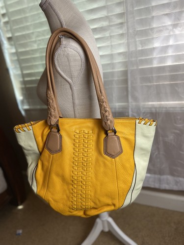 OrYANY Lyssie Soft Pebbled Leather Yellow/Cream Hobo Tote Bag