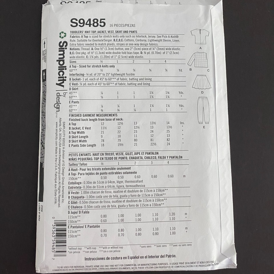 Simplicity Sewing Pattern S9485 A 1/24 Toddlers Knit Top Jacket Vest