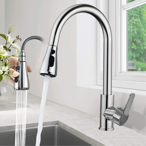 Modern Monobloc Kitchen Mixer Tap with Pull Out Hose Spray Single Lever Chrome
