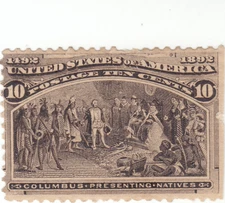 Scott # 237 - 10c Black Brown - Columbus Presenting Natives-  MH - SCV $90.00