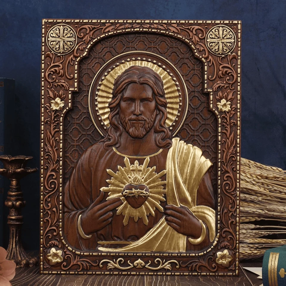 Sagrado Corazón de Jesús Estatua Tallada en Madera Católico Sagrado Corazón Decoración de Pared Chr... Foto 2 de 4