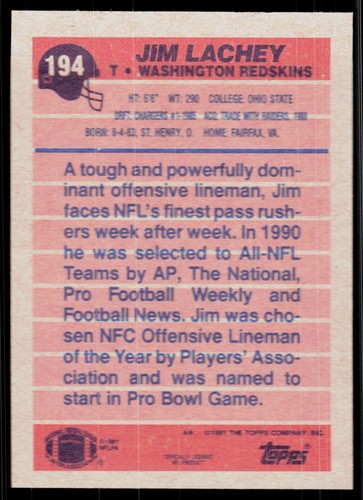 Jim Lachey, 1991 Topps, #194, Washington Redskins, - Bild 2 von 2
