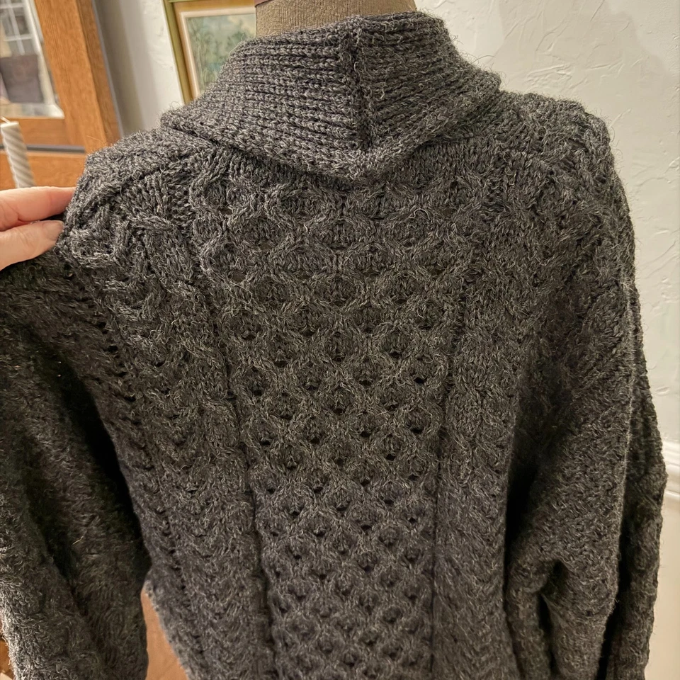 Suéter Irlandés Aran Mujer XL Gris Cárdigan Lana Chal Cuello Grueso Pescador Foto 2 de 4