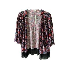 San Joy Womens Size Large NEW Colorful Floral Bohemian Cardigan Festival Fringe