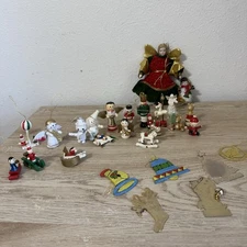 Vintage Lot Assorted Christmas Tree Ornaments Wood Plastic Metal Porcelain Angel
