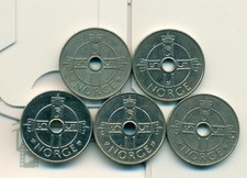 5 DIFFERENT 1 KRONE COINS from NORWAY (1997, 1999, 2001, 2006 & 2007)