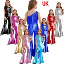 UK Girls Shiny Flared Disco Jumpsuit Metallic Bell Bottom Pants Dance Costume