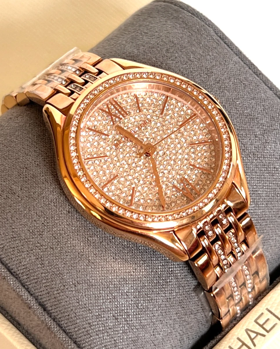 Michael Kors MK7085 Mindy Rose Gold Tone Chrystal Glitz Watch BNWT