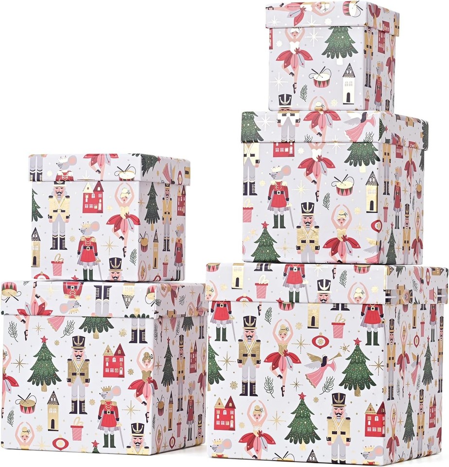 5PCS Christmas Nesting Gift Boxes Set, Gold Foil Green Xmas Tree Flat ...