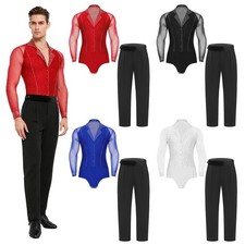 Mens Dance Outfit Bodysuit Dancewear Rumba Set Performance Lapel Collar Waltz