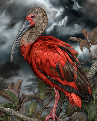 8x10 Scarlet Ibis perched branch, red feathers, twisting branches - 382488431