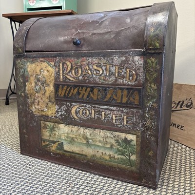 Large Antique Roasted Coffee Mocha Java General Store Counter Metal Tin Bin