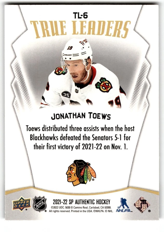 Jonathan Toews 2021-22 SP Authentic True Leaders #TL-6 Chicago Blackhawks - Image 2 of 2