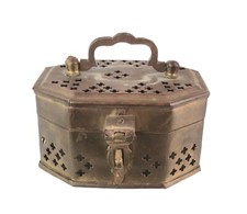 Pierced Brass Octagonal Cricket Box Hinged Lid Latch Handle Trinket Chest India