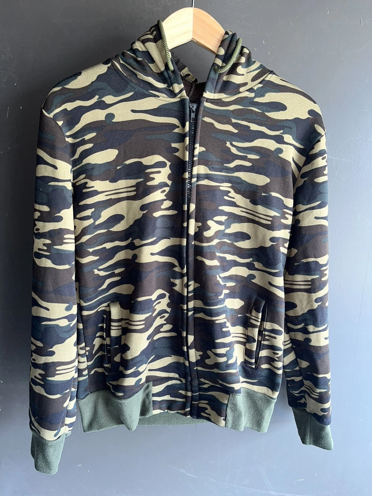 Mens Medium Camouflage Hoodie Full Zip Sweatshirt Green Sweater Drawstring