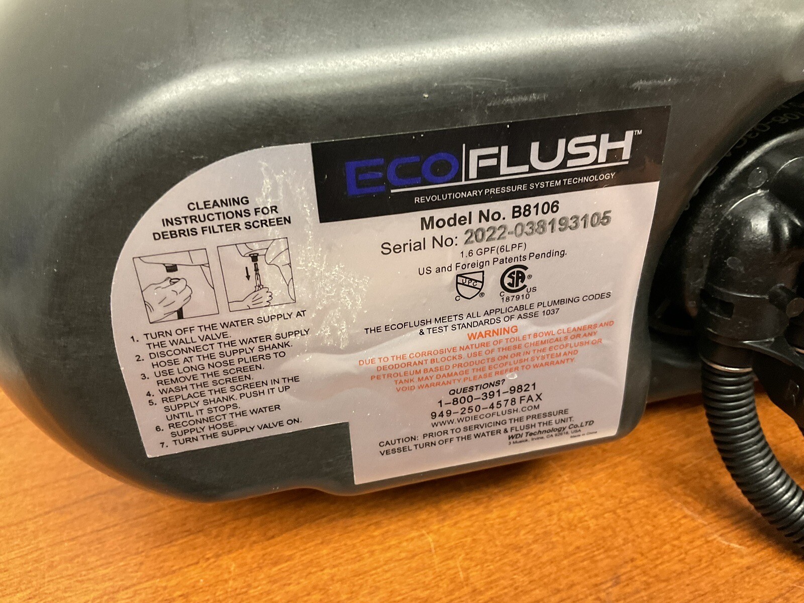 EcoFlush B8106 1.6 GPF Pressure Assisted Flush System Single Control