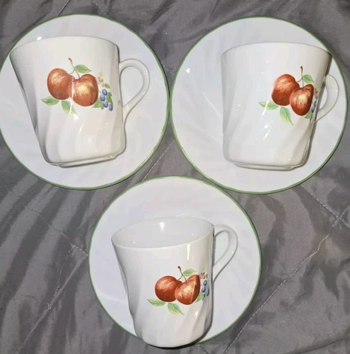 6 Corelle Corning Chutney pieces. Coffee Cups and Saucers. Swirl Fruit Apples. 