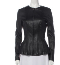Theory Black Leather Movement Jacket, Lined, Peplum Sz 4 