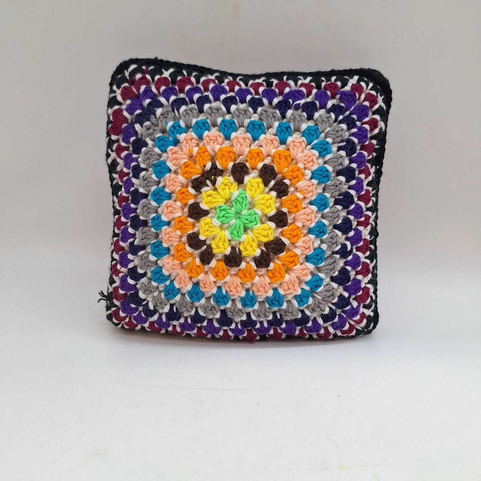 Crochet granny square throw pillow multicolor vintage cottage country decor 12"