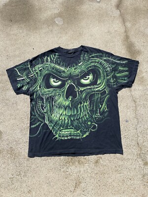 Vintage 1998 Liquid Blue Skull AOP All Over Print T Shirt Size 2XL