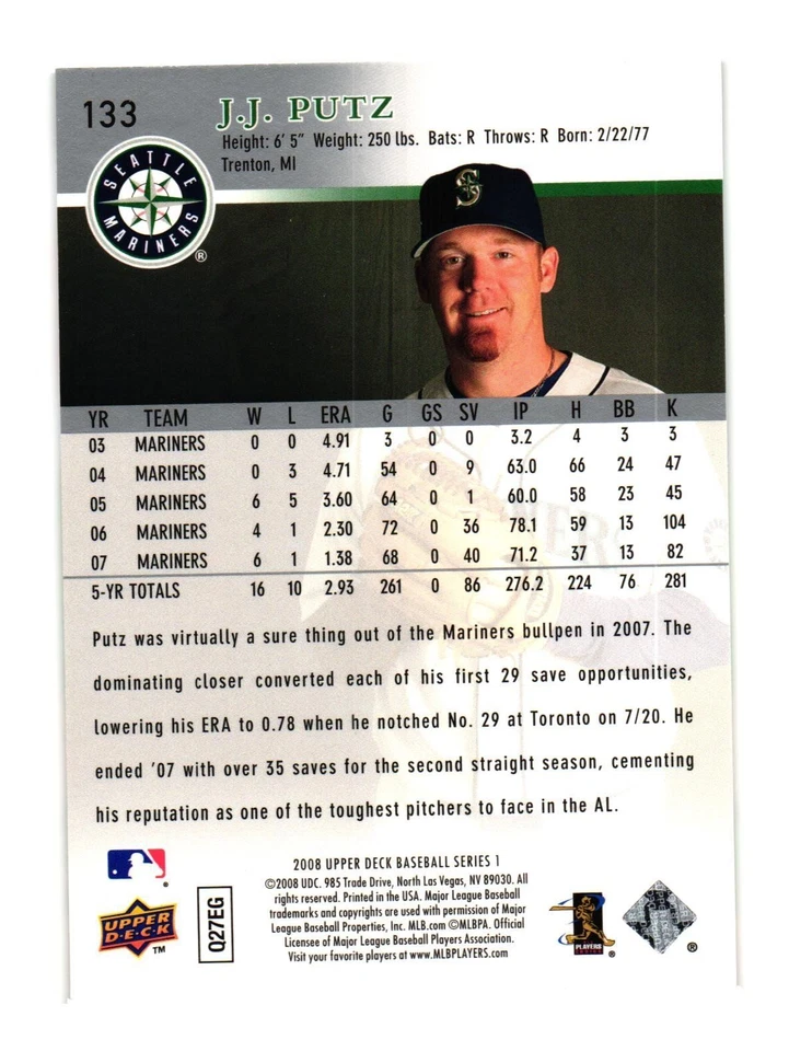 2008 Upper Deck Series 1 Baseball Card 133 J J Putz Seattle Mariners - Image 2 of 2