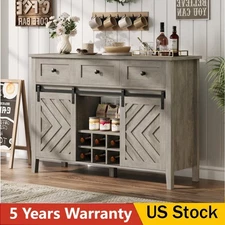 47.2' Farmhouse Wine Bar Cabinet with Sliding Barn Door & 3 Drawer & Wine Rack