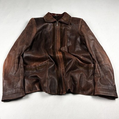Womens Vintage Brown Leather Jacket Distressed Zip Up Minimalist Y2K Coat Style
