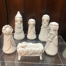 VTG 1985 Sandpiper Bisque Pottery Christmas Nativity 6 Piece Set Minimalist FLAW