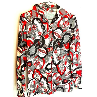 Vintage Psychedelic 70s Retro Abstract Floral Dagger Collar Blouse Shirt READ