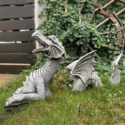 Drachen Skulptur Gartenfigur Gothic Fantasy Resin Rasenskulptur XXL