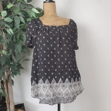Caffe Marrakesh Square Neck Line Blouse Floral Hearts Black & White Size Large