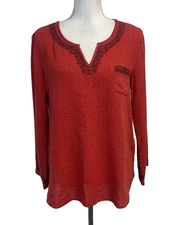 Lucky Brand Live in Love Blouse Top sz Medium Silk Red Blue Embroidered Boho