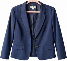 Emily Women's Blazer Size 10 Navy Blue Pinstripe 2 Button Career Suit Jacket