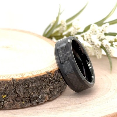8mm Black Polished Tungsten Ring Carbon Fiber Inlay Durable Christmas Gifts Band