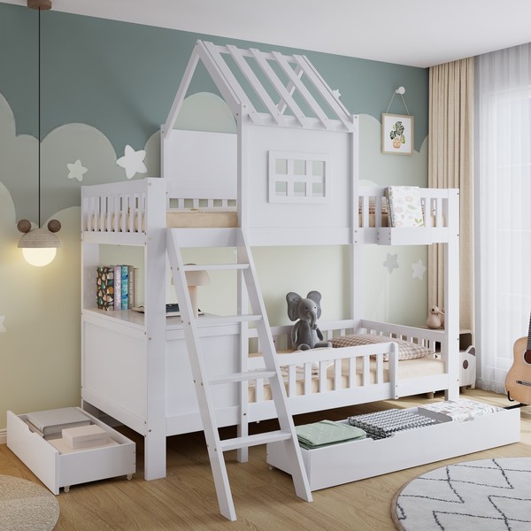 Kinder Etagenbett 90X200Cm Weiß 2 Schubladen Lesetisch Kiefer Mdf Sperrholz-image
