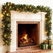 9 FT Christmas Garland with Lights,Battery Operated Lighted Garland with Pine...