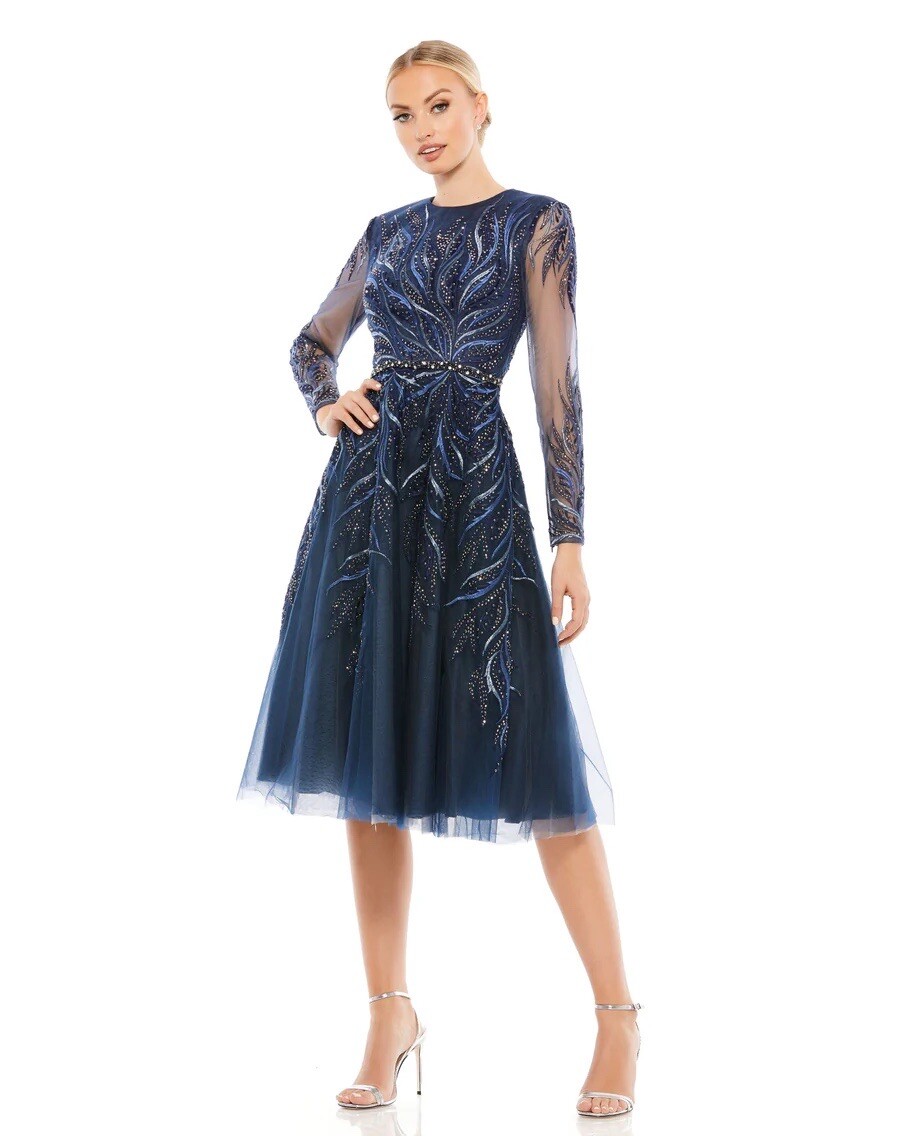 MAC DUGGAL EMBELLISHED TEA-LENGTH ILLUSION COCKTAIL DRESS 11136 TWILIGHT SIZE 4
