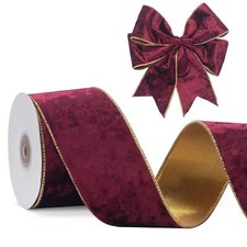 Maroon Velvet Wired Ribbon 2.5 Inch Crushed Red Velvet Ribbon with Gold Edge ...