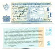 ARGENTINA EMERGENCY SANTIAGO DEL ESTERO FRIAS NOTE 2 PESOS 2001 SPECIMEN UNC