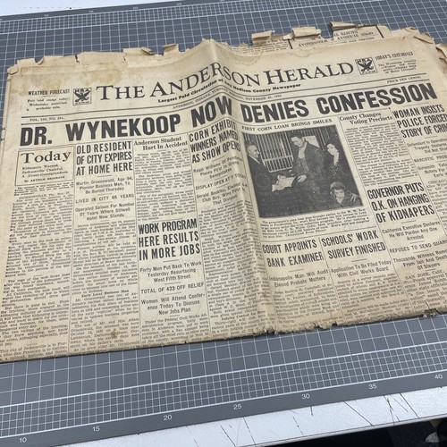 VINTAGE Newspaper 1933 Anderson Bulletin Prop Cafe Art Junk Dr Wynekoop