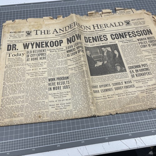 VINTAGE Newspaper 1933 Anderson Bulletin Prop Cafe Art Junk Dr Wynekoop - Picture 1 of 5